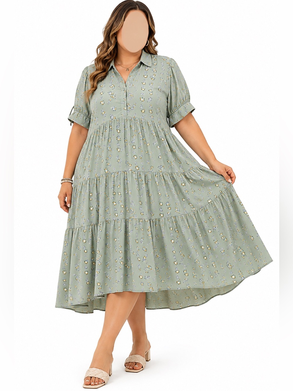 a.n.a Mint Green Floral Tiered Maxi Shirt Dress XXL